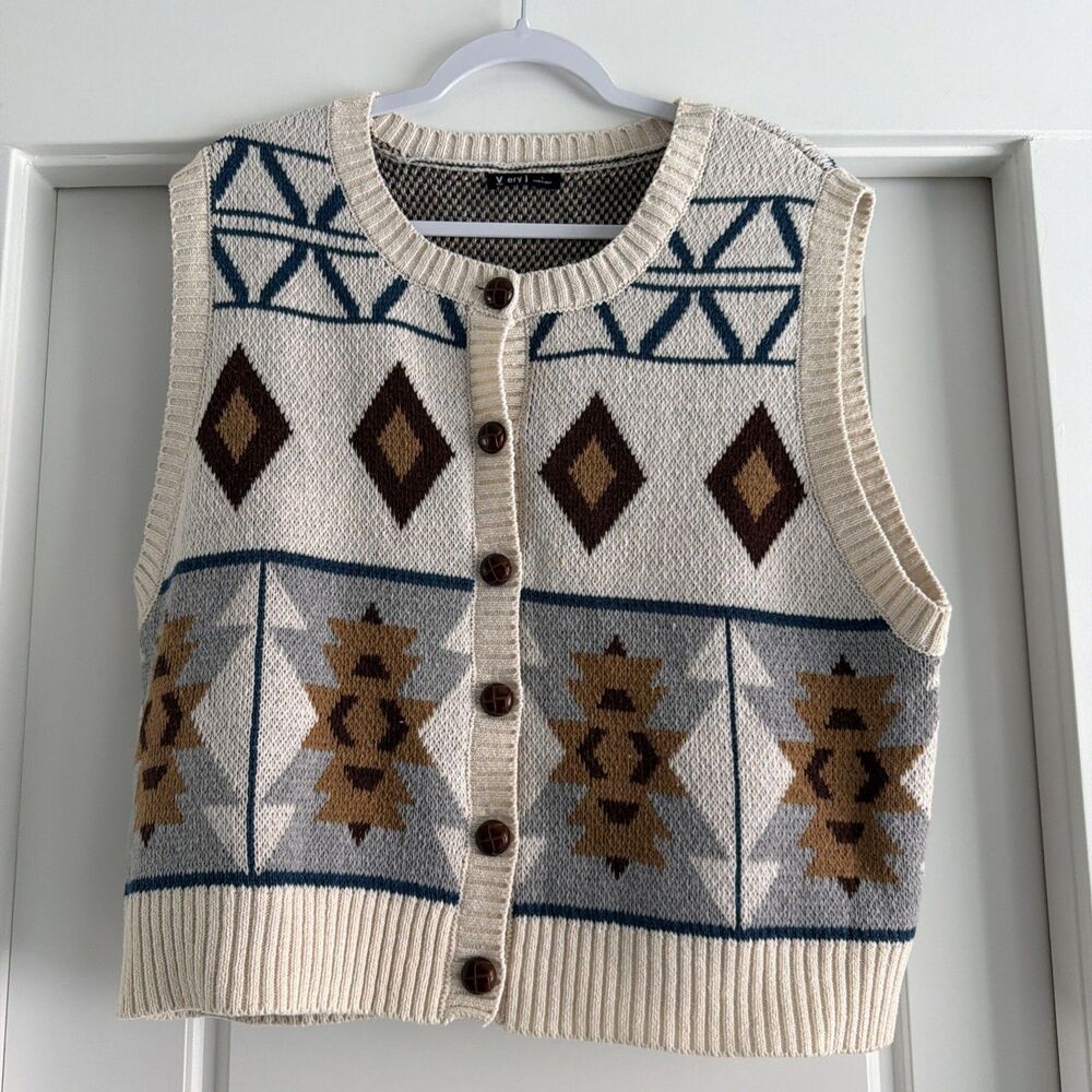 Very j Womens Geometric Fair Isle Knit Button Front Sweater Vest Cream Large